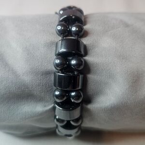 Vintage Hematite Double Row Stretch Bracelet Round Half Circle Barrel Beads EUC